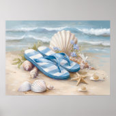 Poster Tongs bleus Coquillages Art de plage côtière estiv (Devant)