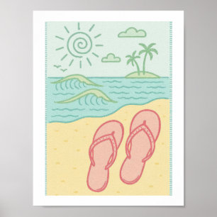 Poster Tongs de plage rétro Tropical Océan Côtes Soleil