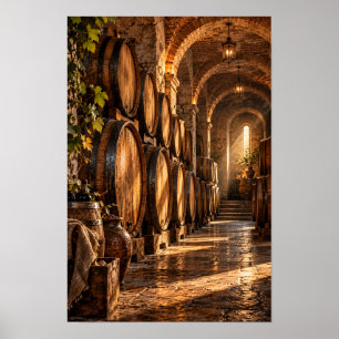 Poster Tonneaux à vin en chêne vintage dans une cave en p