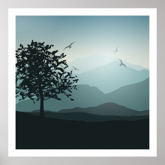 Poster Tons de montagne Smokey Green Blues Lonely Tree (Devant)