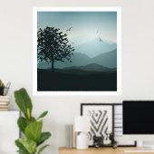 Poster Tons de montagne Smokey Green Blues Lonely Tree (Bureau à domicile)