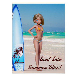 Poster Toon Surfer Girl Posing sur le bord de mer