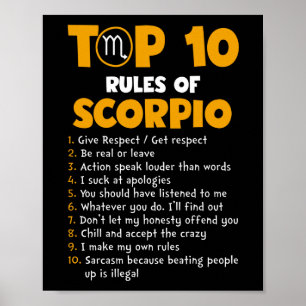 Poster Top 10 des règles de Scorpio Cadeaux d'anniversair