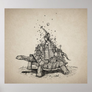 Poster Tortoise Town - illustration stylo et encre