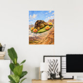 Poster Tortue à l'aquarelle volant sur un coussin de cact (Bureau à domicile)