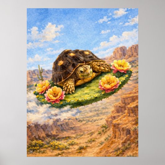Poster Tortue à l'aquarelle volant sur un coussin de cact (Devant)