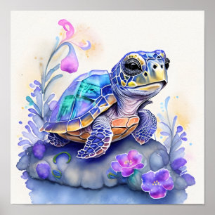 Poster Tortue colorée et jolie entourée de fleurs