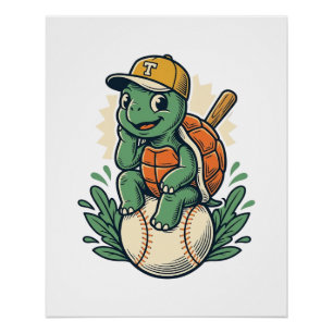 Poster Tortue de baseball Gravure Vintage Design Graphiqu