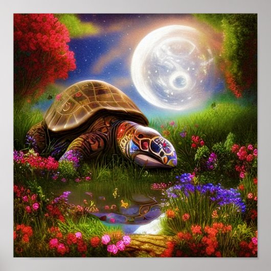Poster Tortue de fantaisie et lune (Devant)