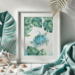 Poster Tortue de mer à l'aquarelle et feuilles de Monster