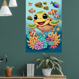Poster Tortue de mer Bébé heureux et mignonne personnage