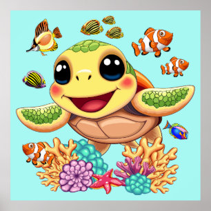Poster Tortue de mer Bébé heureux et mignonne personnage