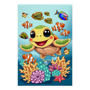 Poster Tortue de mer Bébé heureux et mignonne personnage