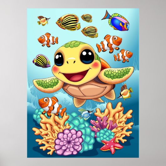 Poster Tortue de mer Bébé heureux et mignonne personnage (Devant)