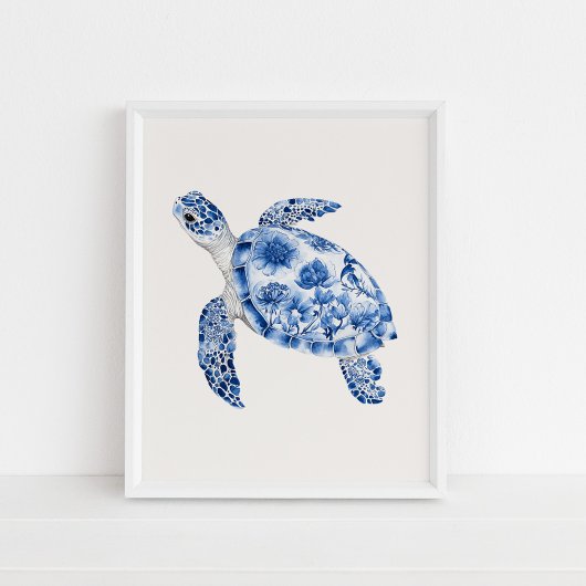 Poster Tortue de mer - Bleu côtier sur le beige