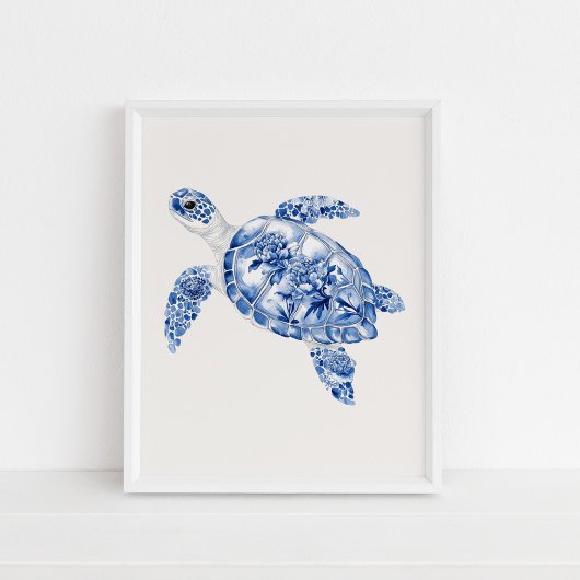 Poster Tortue de mer - Bleu côtier sur le beige