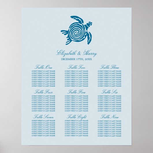 Poster Tortue de mer, carte de sièges de plage bleu marin (Devant)