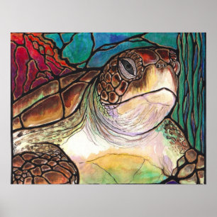 Poster Tortue de mer en verre style Art fine