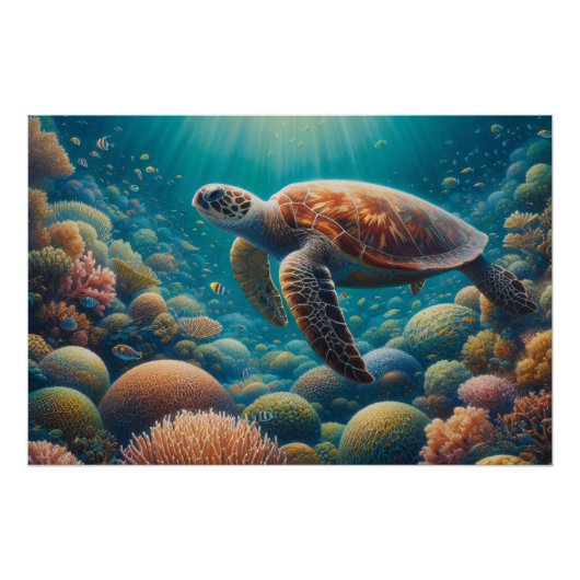 Poster Tortue de mer et corail (Devant)