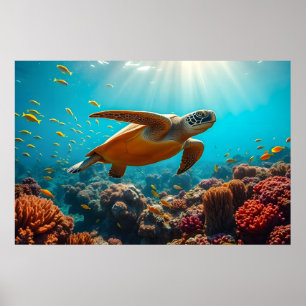 Poster Tortue de mer et de nombreux petits poissons sous 