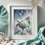 Poster Tortue de mer et Mermaid Art Mur<br><div class="desc">Plongez-vous dans un monde d'imaginaire fantaisiste avec cet art féerique de sirènes et d'imprimés de tortues marines, exclusivement de Do Tell A Belle. Cette oeuvre captivante présente une tortue de mer et une sirène au milieu d'une flore sous-marine luxuriante et verdoyante, créant un tableau de plage fascinant, parfait pour tout...</div>