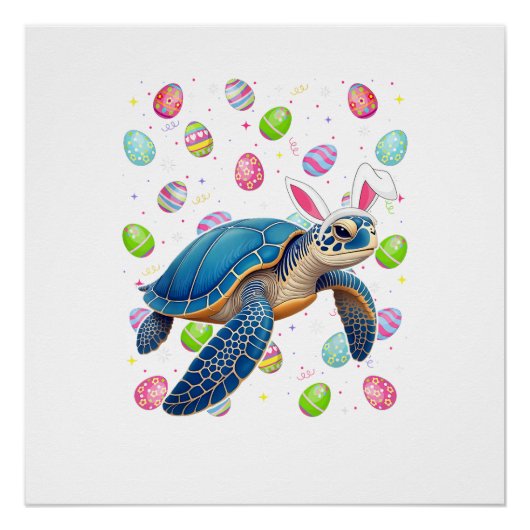 Poster Tortue de mer Joyeuses Pâques Chasse aux œufs Lapi (Devant)