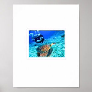 Poster Tortue de mer majestueuse et plongeur en scaphandr