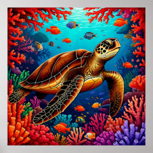 Poster Tortue de mer nageant au-dessus d'une barrière de