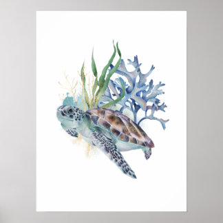 Poster Tortue de mer sous la mer Aquarelle Mur d'art