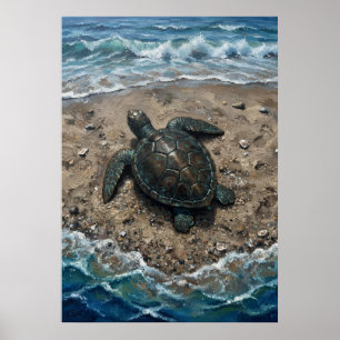 Poster Tortue de mer sur une plage de sable vague océaniq