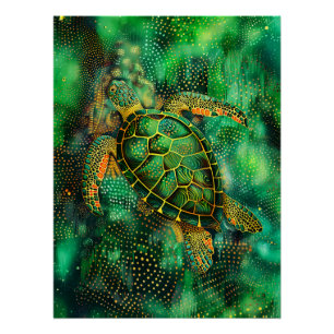 Poster Tortue de mer verte en style aborigène Dot Art