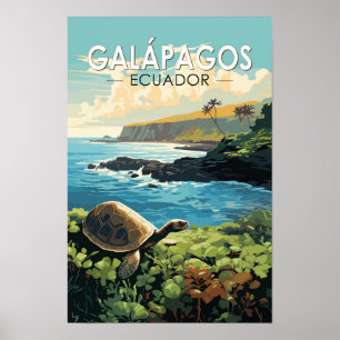 Poster Tortue géante des îles Galapagos Art de voyage Rét