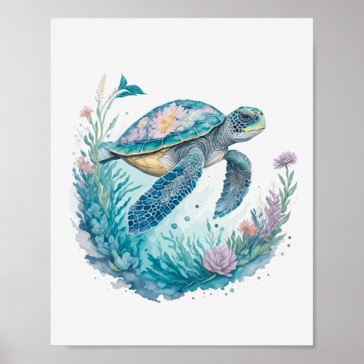 Poster Tortue marine à l'aquarelle, animal marin (Devant)