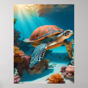 Poster Tortue marine Serene 3D en Océan -Tranquille Lif M