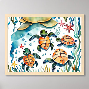 Poster tortue peindre petit mignon algue étoile de mer oc