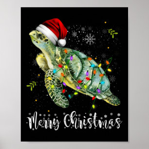 Poster Tortue Santa Hat Joyeux Noël Lumières Noël Fêtes