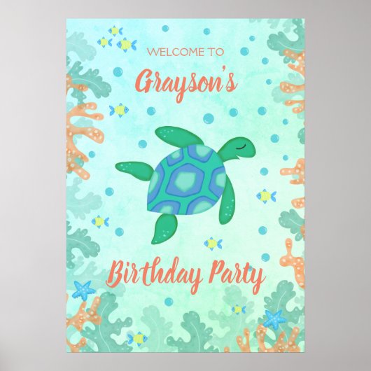 Poster Tortue sous la mer fête d'anniversaire (Devant)