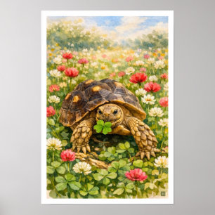 Poster Tortue Sulcata à l'aquarelle avec trèfle porte-bon