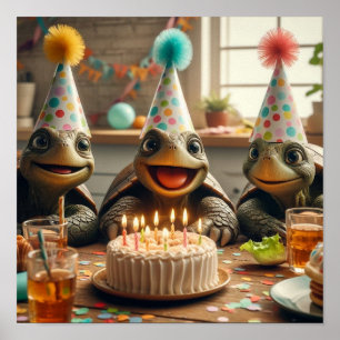 Poster Tortues célébrant un anniversaire avec gâteau et c