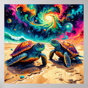 Poster Tortues de mer colorées sous un ciel cosmique