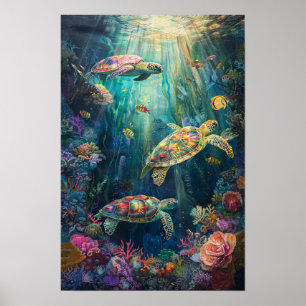 Poster Tortues de mer et récif corallien : Art océanique