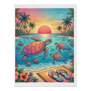 Poster Tortues de mer tropicales Coucher de soleil Plage