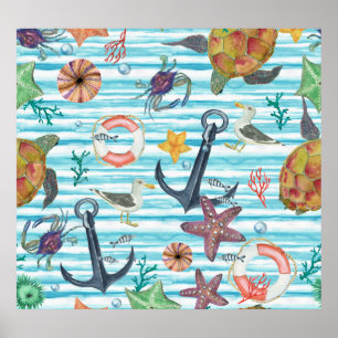 Poster Tortues nautiques Seagul Starfish Motif