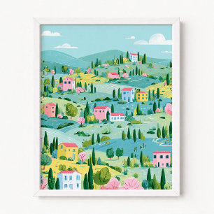 Poster Toscane en sarcelle avec illustration de maisons r