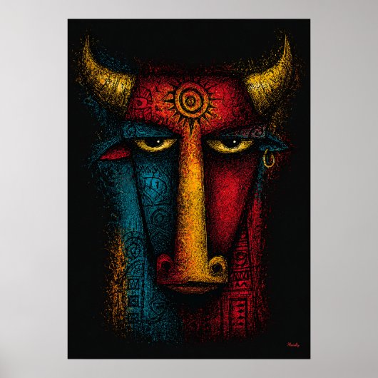 Poster Totem Taureau Primitif Art Abstrait – Expressionni (Devant)