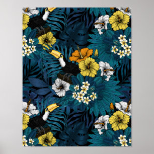 Poster Toucans et flore tropicale, bleu, jaune, orange