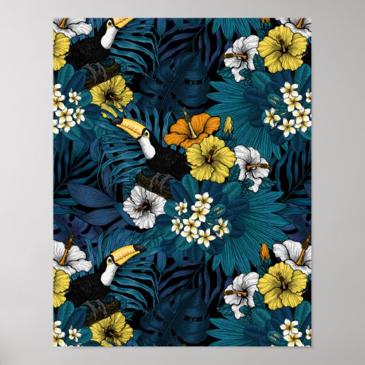 Poster Toucans et flore tropicale, bleu, jaune, orange (Devant)