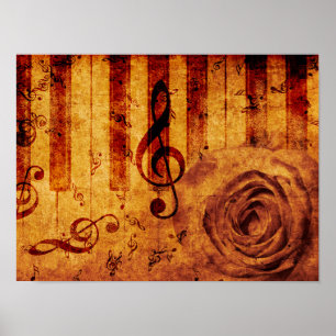 Poster Touches de piano avec notes musicales et rose