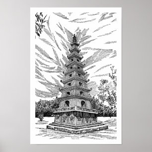 Poster Tour de la pagode noire et blanche en dessin au tr