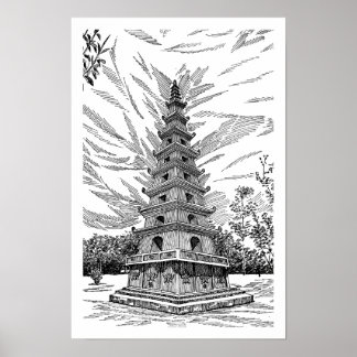 Poster Tour de la pagode noire et blanche en dessin au tr